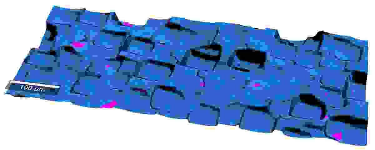 Topographisches Raman-Bild von Mikrostrukturen in Silizium (blau) mit fluoreszenten Verunreinigungen (pink)